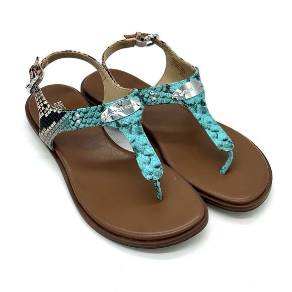 Michael Kors Women's MK Logo Plate Sandal 7 Thong Turquoise Brown Reptile - Picture 1 of 6